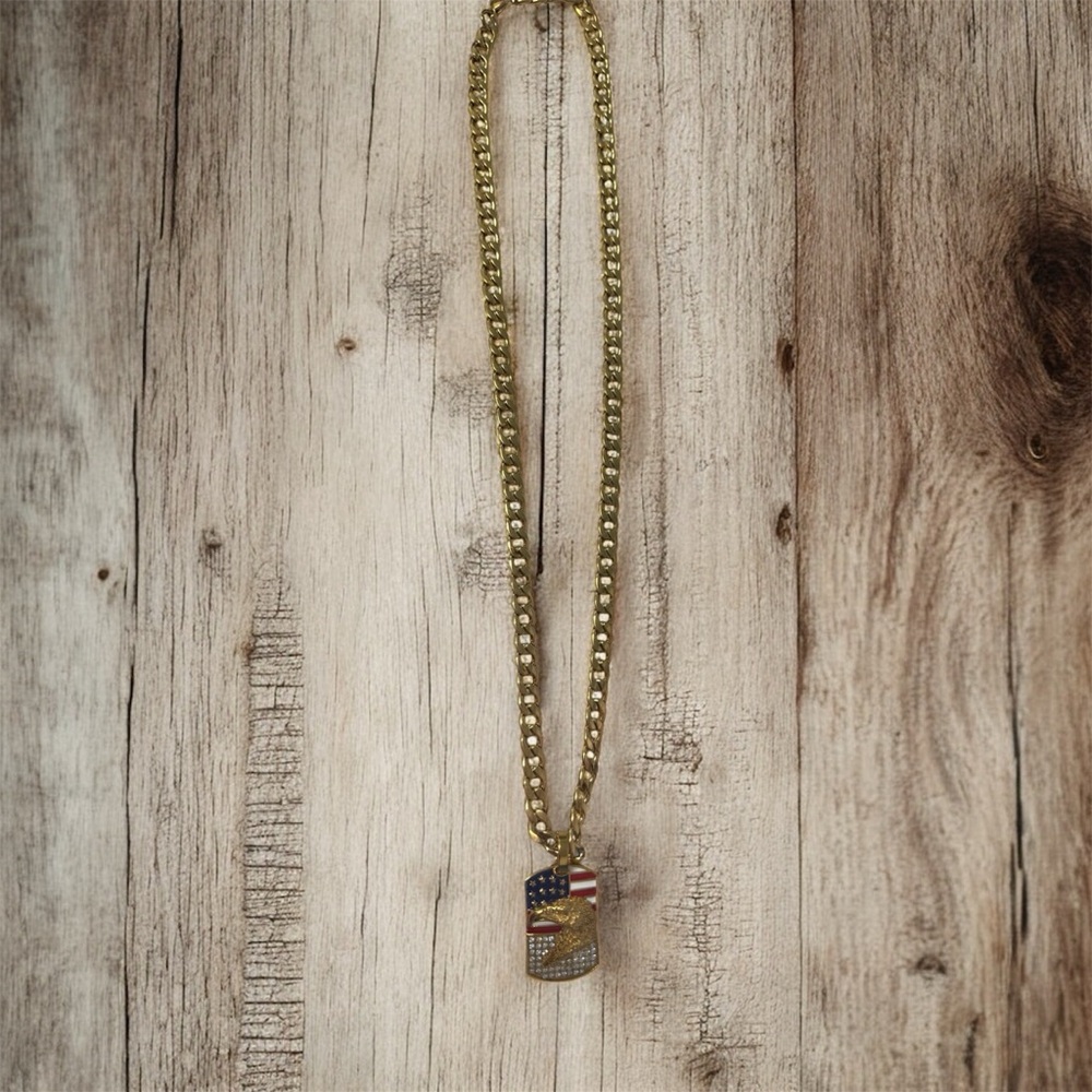 Gold Tone Dog Tag Necklace with American Flag Accent